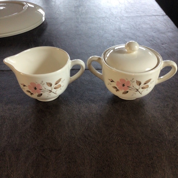 Vintage Mid-century Modern Sugar and Creamer Set, pink and brown floral design - Picture 1 of 4